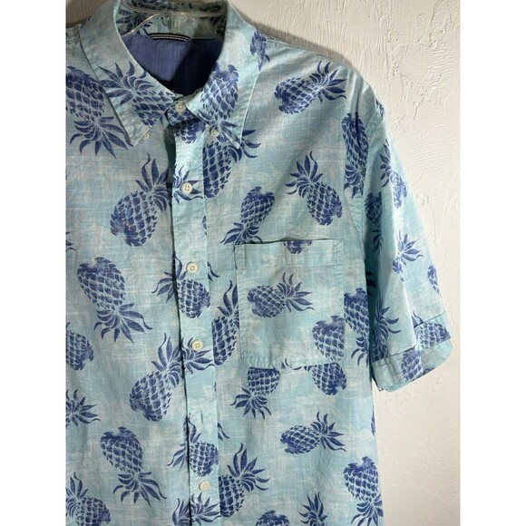Izod Saltwater Blue Pineapple Tropical Print Casual Men Large 100% Cotton Shirt - Picture 4 of 7